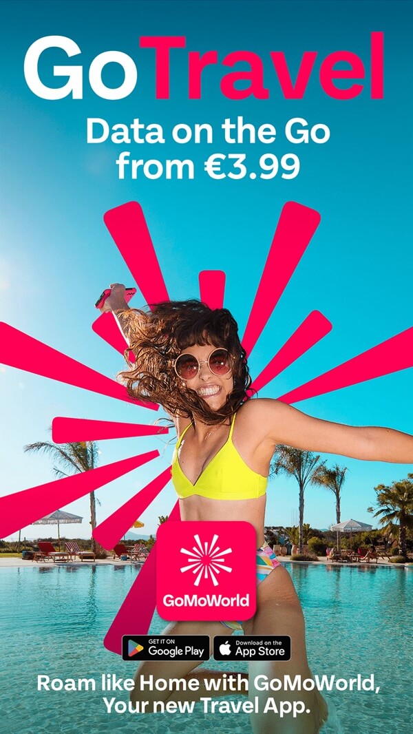 An image showing a happy traveler with a GoMoWorld international eSIM overseas