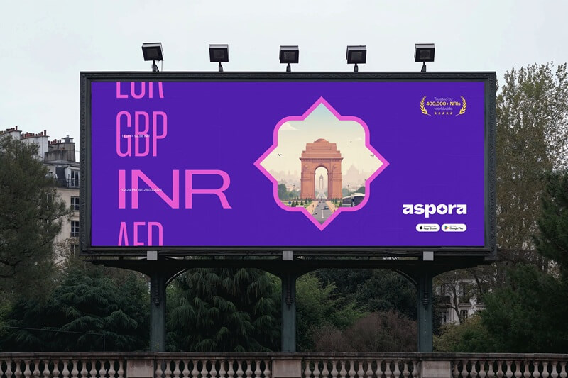 A billboard ad highlighting Aspora's international money transfer service