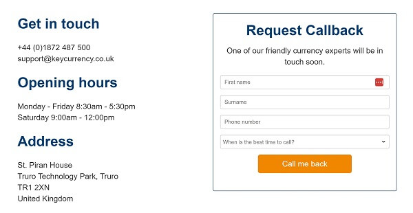 An image showing how to contact the Key Currency customer support team