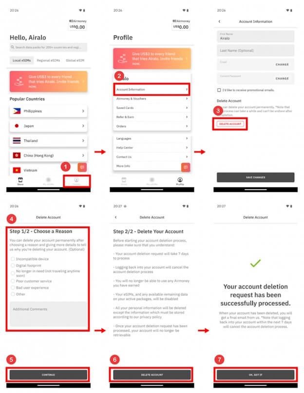 An image showing the steps needed to delete an Airalo account