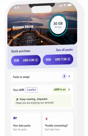 An image showing how to manage a Jetpac eSIM in the mobile app