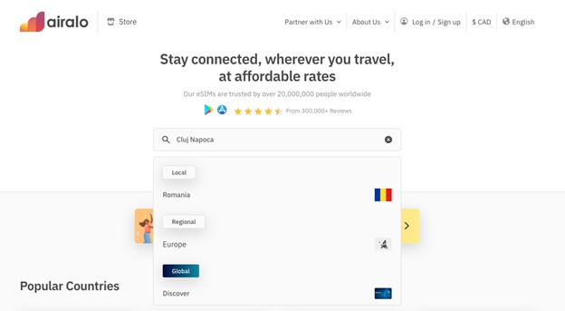 An image showing how to search for an Airalo eSIM destination with the example of Cluj Napoca in Romania