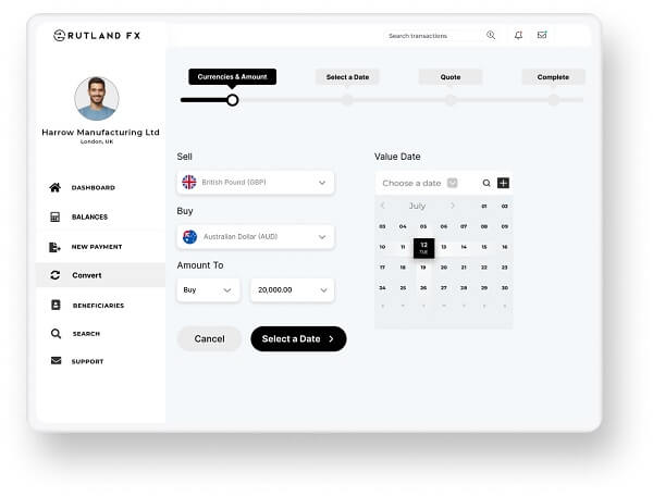 A screenshot showing how to send money internationally with Rutland FX