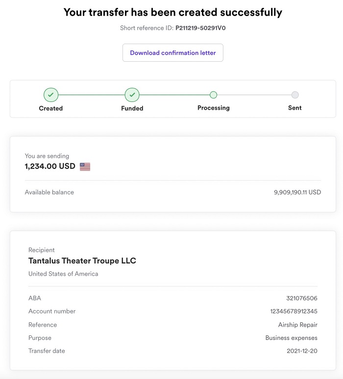 How to send money overseas with Airwallex - transfer created successfully