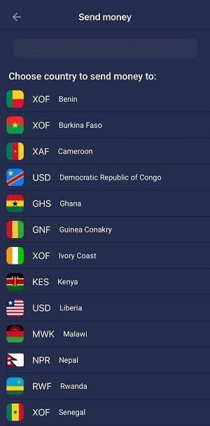 How to send money with e-Pocket - choose the destination country and currency