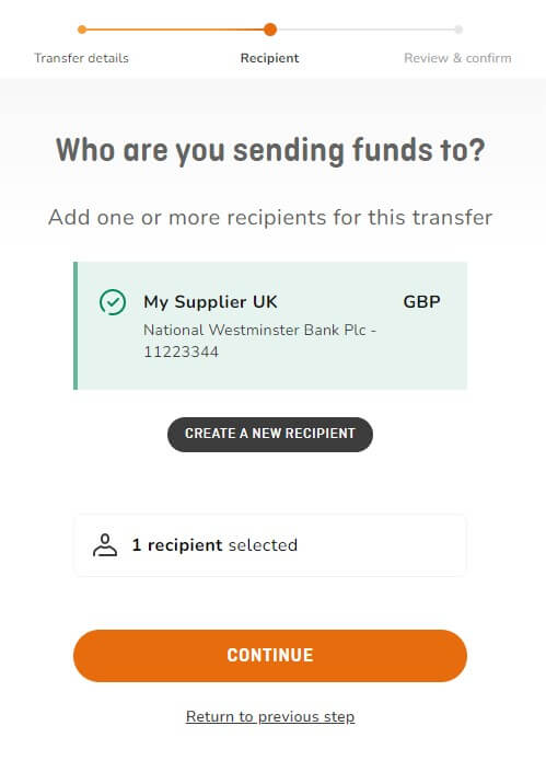 How to send money with OFX - Continue after entering recipient details
