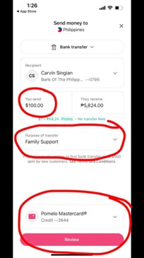 How to send money with Pomelo - enter transfer amount, purpose and review transaction