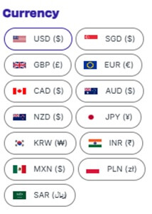 An image showing Jetpac eSIM purchase currencies