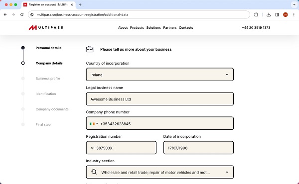 How to provide business information for a new MultiPass account