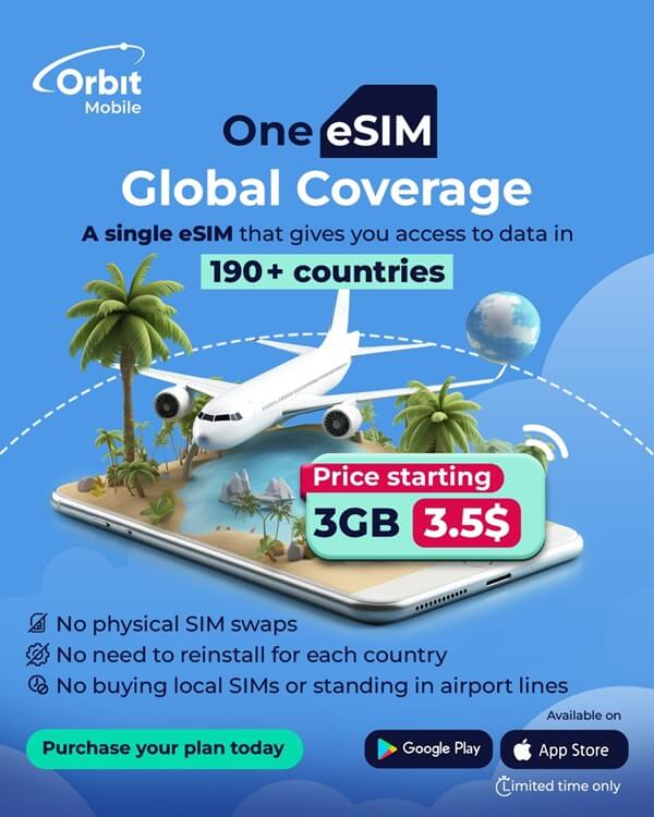 An image showing the features and benefits of Orbit Mobile eSIM data plans