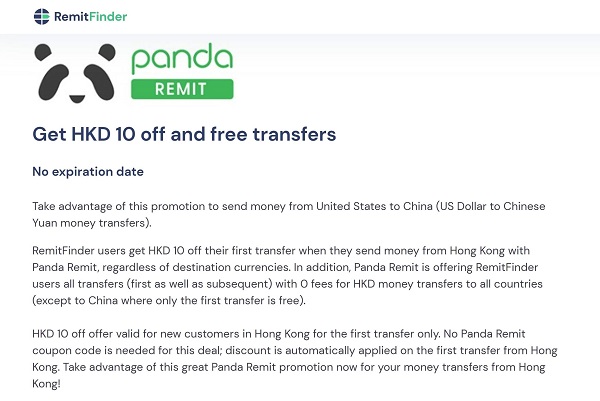 Panda Remit Promotion - Hong Kong users get HKD 10 off on first transfer, and 0 fees on all transfers