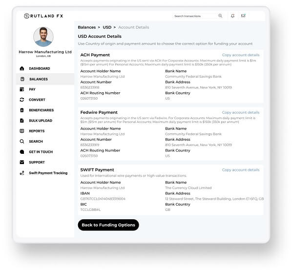 A screenshot showing Rutland FX's international money transfer accounts
