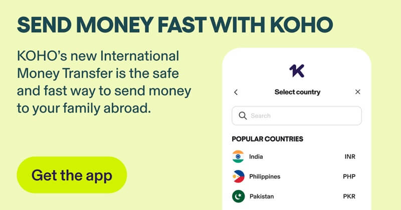 An image showing KOHO's international money transfer service