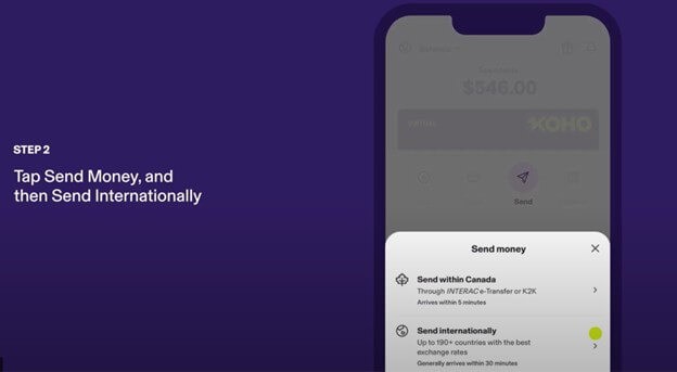 How to send money abroad with KOHO - Access send money option