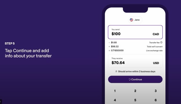 How to send money abroad with KOHO - Click on Continue