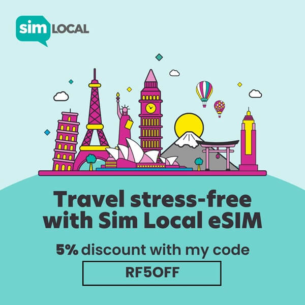An image showing Sim Local promo code RF5OFF for RemitFinder users to get a 5% discount on their eSIM purchase