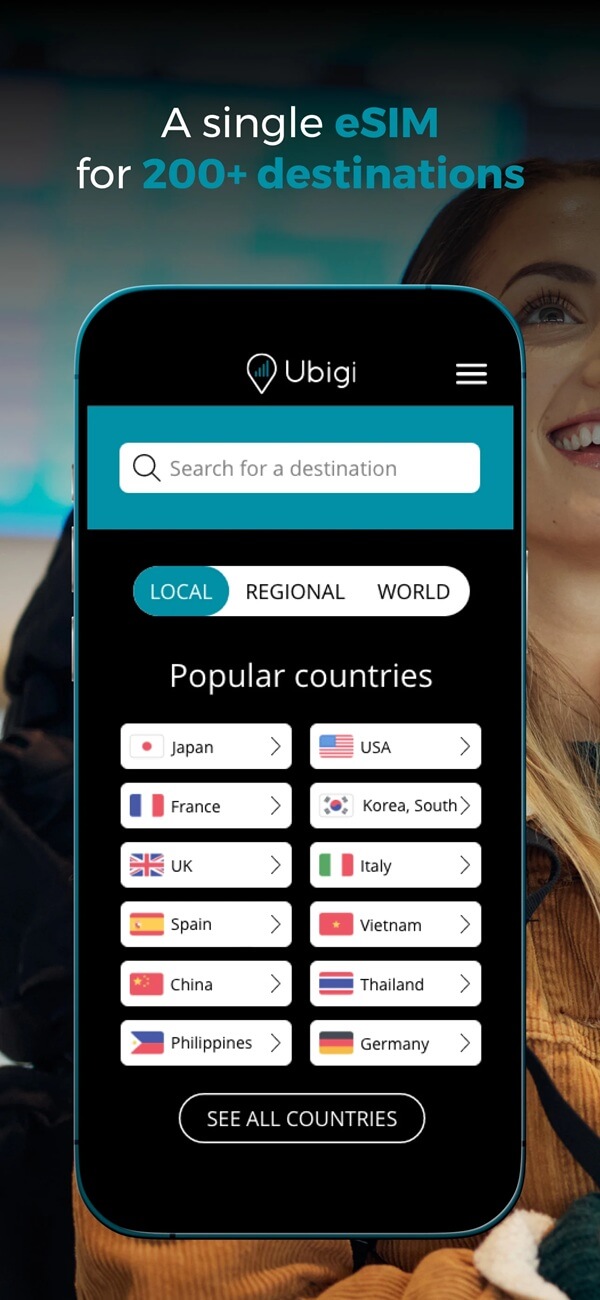 An image showing global destinations where Ubigi eSIM data plans work