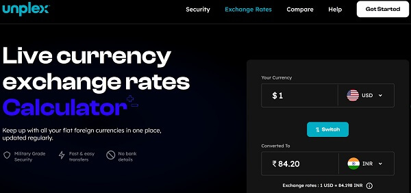 Unplex exchange rate for USA to India international money transfer