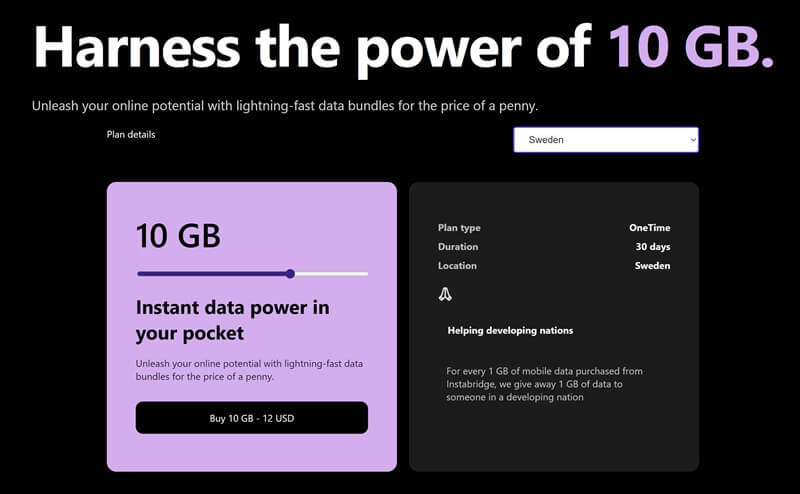 An image showing Instabridge data plans and their features