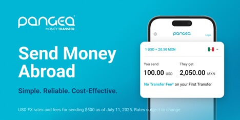 An image showing Pangea money transfer calculator with source and destination countries and amount