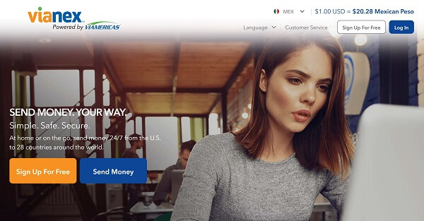 An image showing Viamericas' Vianex international money transfer service website homepage