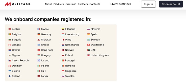 An image showing the list of countries where a MultiPass account can be registered from