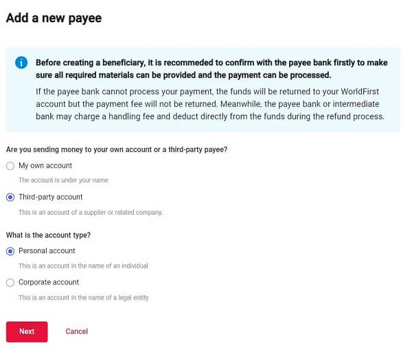 How to add a new payee in WorldFirst World Account - choose payee account type
