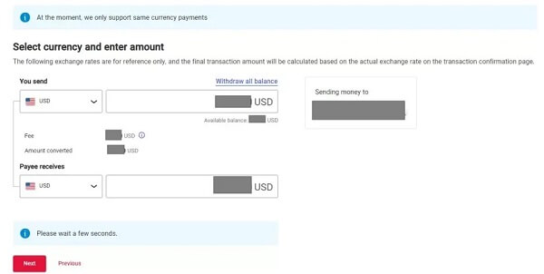 How to send a payment with WorldFirst World Account - select currency and enter amount