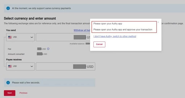 How to send a payment with WorldFirst World Account - verify transaction using 2FA